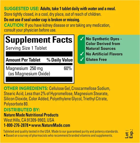 Vista 7 de Nature Made Óxido de magnesio 250 mg, suplementos de magnesio para hombres y mujeres, apoyo para la salud muscular, corazón, huesos y nervios, 100