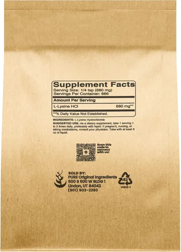 Vista 2 de Pure Original Ingredients L-lisina HCl (1 libra) alfa aminoácido, sin OMG, sin gluten