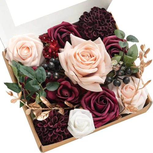 Vista 9 de Ling's moment Caja de flores falsas, tallos de vegetación artificiales artificiales, rosas de espuma, dalia, gardenia, tulipán, flor fábica de seda