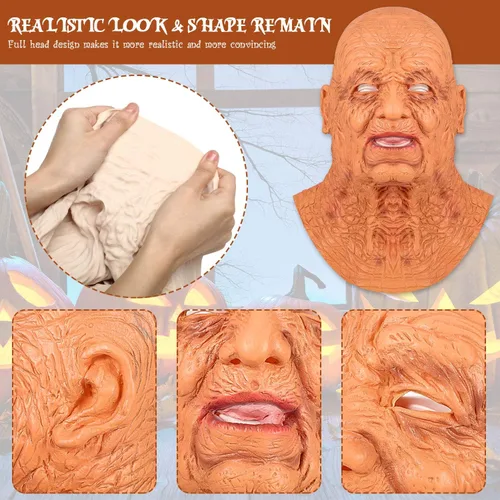 Vista 3 de Aoriher Máscara de anciano de Halloween, máscara facial de látex realista de látex humano de cabeza completa, máscara facial de látex humano