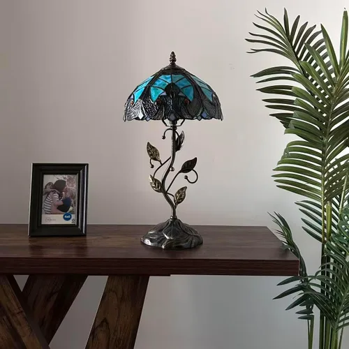 Vista 6 de Tiffany - Lámpara de mesa verde y marrón, hierro con hojas de metal, base de bronce, incluye bombilla LED, lámpara de enlace para sala de estar