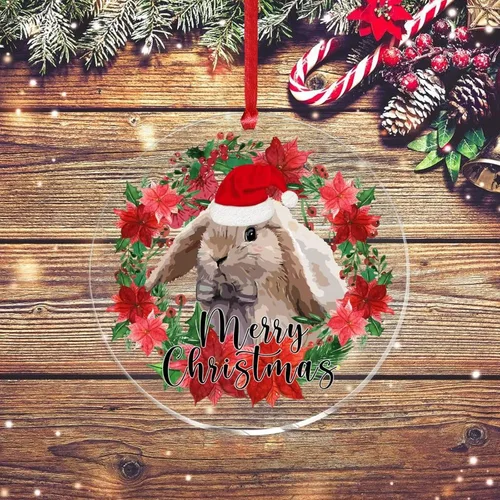 Vista 4 de Adorno acrílico circular de 3 pulgadas para decoración de árbol de Navidad, corona de feliz Navidad, conejo de animal, colgante de acrílico