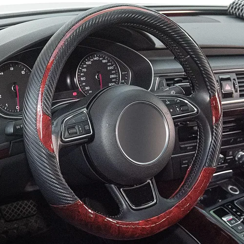 Vista 7 de Funda universal para volante de auto de grano de madera, negra, de cuero de microfibra, adecuada para volantes de 14.5 a 15 pulgadas, cómoda