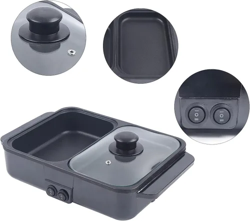 Vista 6 de Parrilla eléctrica con olla caliente, olla caliente eléctrica antiadherente 2 en 1 para interiores y sartén, control de temperatura dual Negro