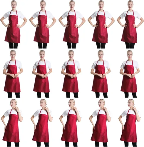 Vista 14 de Total de 15 delantales con peto de colores lisos mixtos a granel para mujeres, hombres y adultos, con 2 bolsillos frontales, para cocinar, pintar