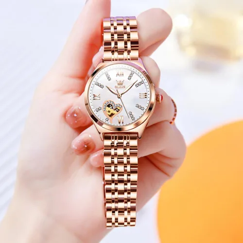 Vista 9 de OLEVS Reloj mecánico automático para mujer, correa de cuero, cuerda automática, reloj de pulsera para mujer, esfera de corazón de diamante
