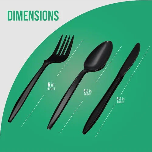 Vista 6 de 1,000 cubiertos de plástico desechables paquete de variedad a granel de peso mediano color negro incluye 334 tenedores, 333 cuchillos, 333 cucharas