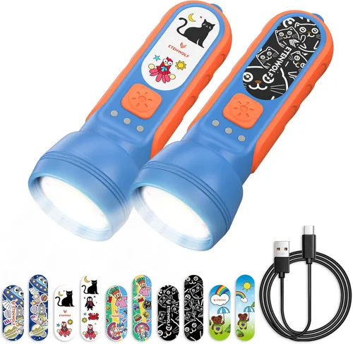 Vista 9 de ETENWOLF L1 Linterna recargable para niños, linterna LED con divertidas pegatinas DIY, 6 modos de luz, brillo ajustable, batería de 1500mAh