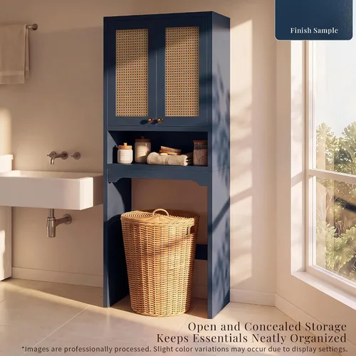 Vista 6 de Over the Toilet Storage Cabinet with Rattan Door & Adjustable Shelf, Blue