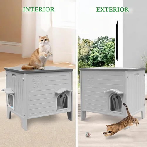 Vista 8 de Deblue Casa de Gatos al Aire Libre Resistente a la Intemperie de Plástico con Puerta de Escape para Gatos Interiores Impermeables Refugio para Gatos