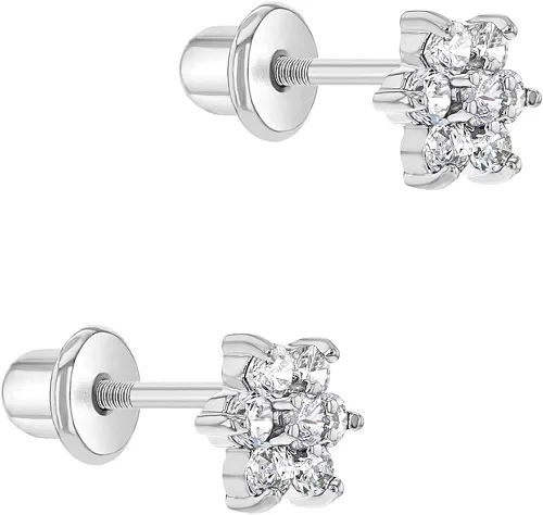 Vista 2 de Aretes de seguridad chapados en rodio con circonita cúbica, para niños pequeños y niñas jóvenes, de 0.197in, delicados y brillantes aretes florales