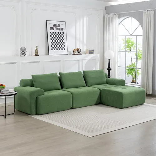 Vista 2 de L-Shaped Sectional Couches for Living Room with Memory Foam & Steel Frame - No Assembly Convertible Sofa Bed, Corduroy Fabric Compression Sofa Green