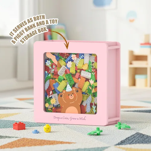 Vista 7 de Summidate Caja de ahorro de dinero de madera, caja de ahorro de ventana transparente con calcomanías de bricolaje, alcancía de oso personalizada