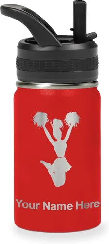 Vista 11 de LaserGram Botella de agua con tapa abatible de doble pared de 12 onzas con pajita, animadora, grabado personalizado incluido (negro)