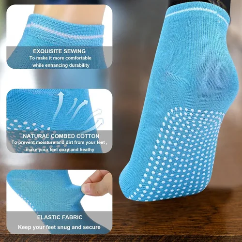 Vista 5 de Qchengsan Calcetines antideslizantes de agarre 8 pares para mujer, calcetines antideslizantes de yoga y pilates con cojín, pantuflas de agarre