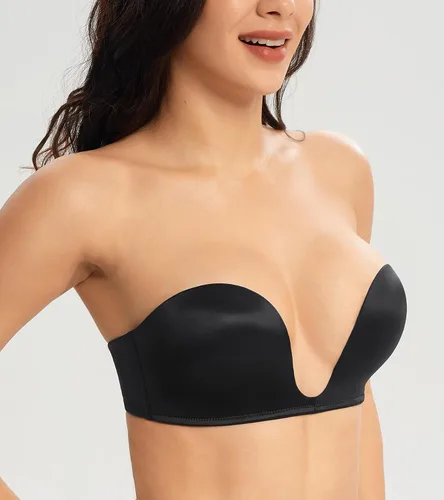 Vista 4 de Lemorosy Sujetador acolchado sin tirantes para mujer, diseño de alfombra roja con escote en V profundo, convertible, con relleno, corte bajo, sexy