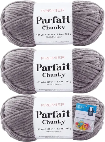 Vista 29 de Premier Yarns Parfait - Paquete de 3 unidades de felpilla gruesa de 3.5 onzas, peso supervoluminoso, paquete de 3 unidades con soportes para punto
