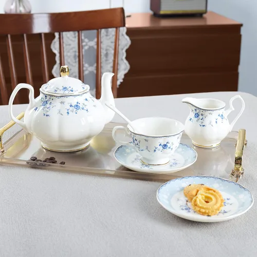 Vista 5 de fanquare Juego de té de porcelana de rosa azul, tetera floral británica con tazas de té, juego de fiesta de té para mujer para 6