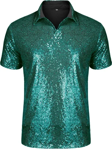 Vista 2 de AstoSeu Camiseta polo de manga corta con lentejuelas brillantes de los años 70 para hombre, para discoteca, fiesta, tallas S-XXXL