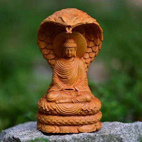 Vista 3 de Estatua de Buda con cabeza de guardián de serpiente, estatua de Buda Shakyamuni de madera de 4.7 pulgadas de alto, estatuas de Buda para decoración