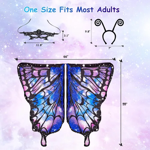 Vista 5 de Tibeha ButterflyWingsforWomen Kids - Double-SidedPrintingCostumeHalloweenGirls CapewithMaskandAntennaHeadband
