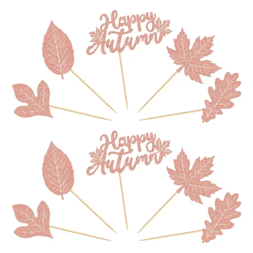 Vista 8 de Ercadio Paquete de 30 adornos para cupcakes de hojas de arce de otoño con purpurina de oro rosa y hojas de arce para decoración de otoño, cosecha