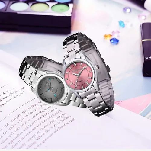 Vista 3 de Reloj analógico de cuarzo para mujer, con correa de acero inoxidable, resistente al agua, con números romanos y diamantes de imitación