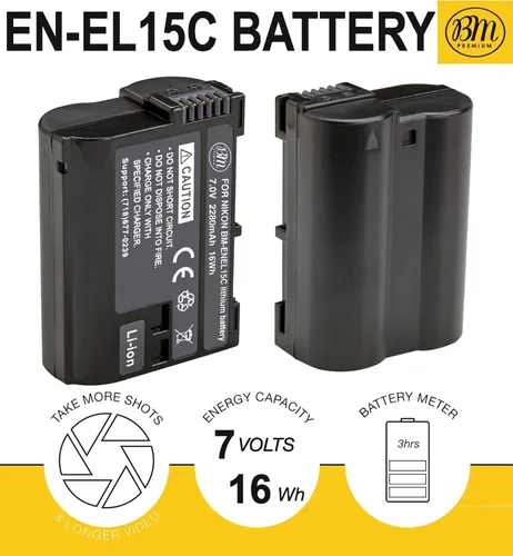 Vista 2 de BM Premium Paquete de 2 baterías EN-EL15C de alta capacidad y cargador para Nikon Zf, ZR, Z5, Z5 II, Z6, Z6 II, Z6 III, Z7, Z7II, Z8, D500 D600 D750