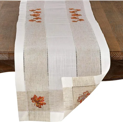 Vista 3 de SARO LIFESTYLE 2231.I1570B Hommage Brodé Collection Camino de mesa bordado con diseño de punto de vainica de hojas, 15 x 70 pulgadas, color marfil
