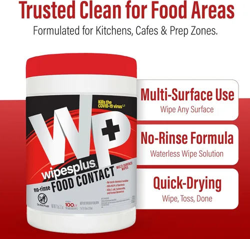 Vista 5 de WIPESPLUS Toallitas de limpieza multiusos para contacto con alimentos, sin enjuague, sin residuos, fórmula de secado rápido, toallitas