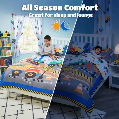 Vista 5 de EVERYDAY KIDS Edredón de cama tamaño individual/matrimonial para niños pequeños con camiones volquete y excavadoras; ropa de cama para niños