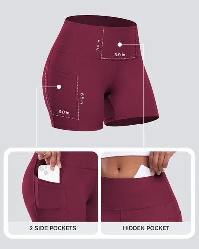 Vista 3 de CHRLEISURE - Pantalones cortos de ciclismo para mujer con bolsillos de licra, cintura alta, con control de abdomen para entrenamiento, yoga
