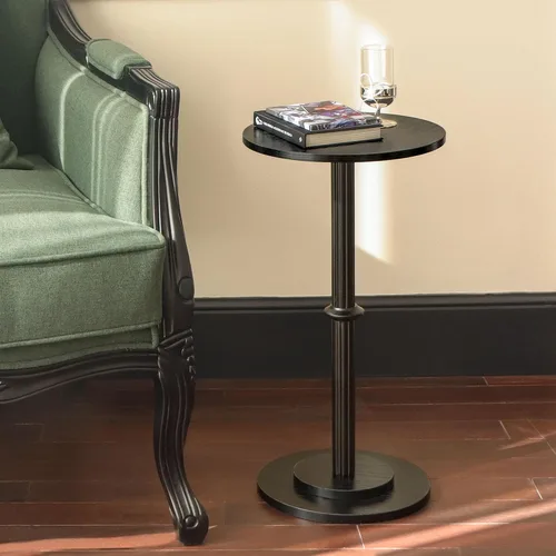Vista 7 de MaxSmeo Mesa para Bebidas, Mesa Lateral Pequeña para Espacios Pequeños, Mesa Terminal Redonda Moderna con Pata de Madera Acanalada, Negro