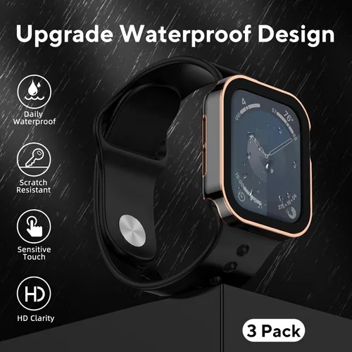Vista 2 de Pack de 3 fundas impermeables para Apple Watch Series 6 5 4 SE 40 mm, cubierta rígida de PC con borde recto y protector de pantalla de vidrio