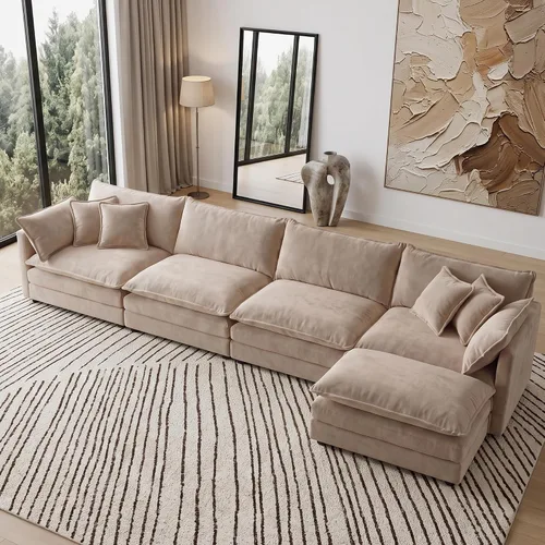 Vista 113 de Sofá individual modular de chenilla con otomana, sofá nube con almohada, color beige