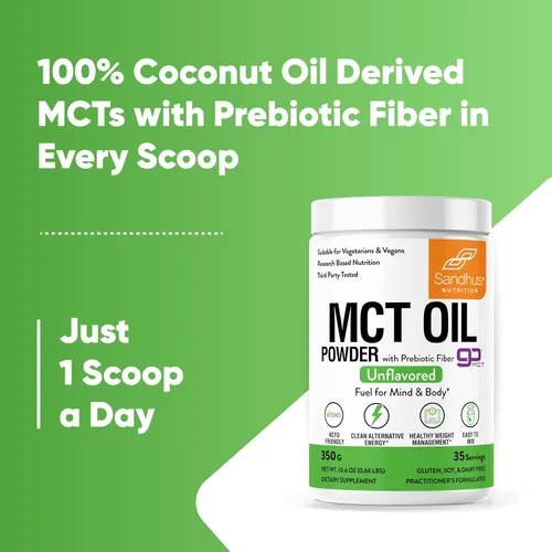 Vista 5 de Sandhu's MCT Aceite en polvo con fibra prebiótica 35 porciones Orgánico - Keto Combustible de ácidos grasos para cuerpo y cerebro 100%