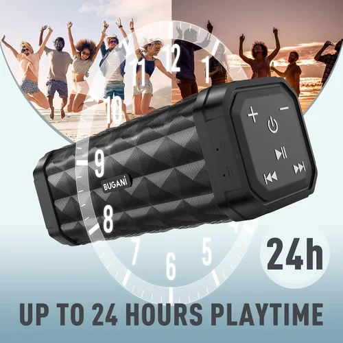 Vista 4 de BUGANI Altavoz Bluetooth M99 Bluetooth, mayor ruido, sonido estéreo, tiempo de reproducción de 24 horas, rango inalámbrico de 100 pies, IPX5
