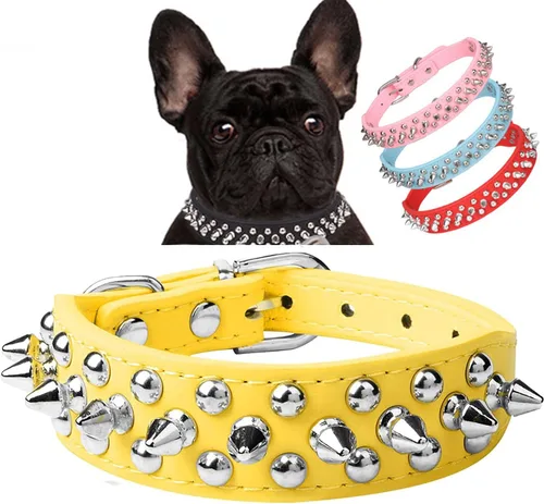 Vista 22 de Serijoars Collar para perro con tachuelas, de piel sintética suave con clavos de hongos, ajustable, para cachorros (XS, Negro)