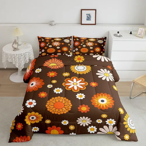 Vista 10 de Lindo juego de edredón de flores para niños y mujeres. Juego de ropa de cama de flores coloridas de dibujos animados, tamaño individual, bonito