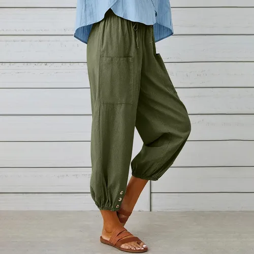 Vista 3 de Pantalones capripants sólidos con cordón de algodón y lino para mujer, pantalones capri de pierna recta con bolsillos