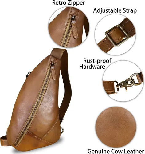 Vista 6 de LRTO Bolso de cuero genuino para mujeres y hombres, mochila de cuero vintage para el hombro, bolso cruzado en el pecho, marrón oscuro, Mochilas Sling
