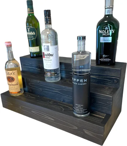Vista 6 de Estantería de exhibición escalonada hecha a mano, exhibición de barra de tres niveles, organizador de barra, exhibición de botellas de licor