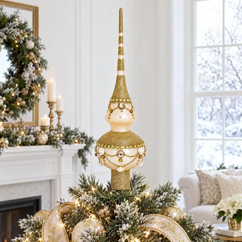 Vista 2 de Rosas dimensionales en cristal beige brillante para árbol de Navidad de 11 pulgadas