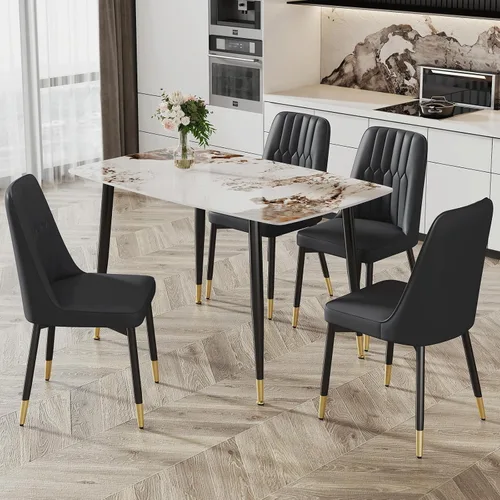 Vista 13 de Ebullient Mesa de comedor para 4, mesa de comedor rectangular de mármol, mesa de comedor de mármol sintético, mesa de comedor moderna con marco