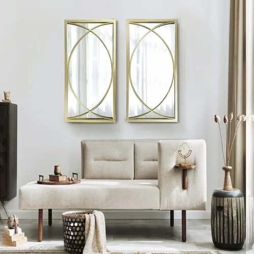 Vista 7 de Espejo de pared rectangular dorado con marco de metal, juego de espejos decorativos para pared, espejos colgantes para sala de estar, dormitorio