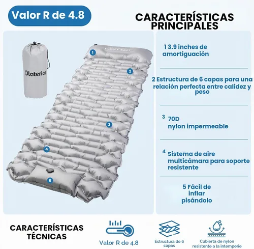 Vista 5 de Colchoneta de dormir para acampar con valor R de 4.8, alfombrilla de campamento ultraligera con almohada y bomba de pie integrada, colchoneta