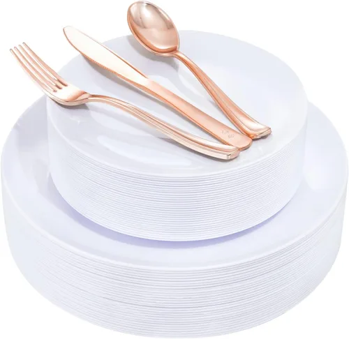 Vista 13 de YOUBET 125 piezas de platos de plástico negros y dorados - Platos desechables negros con borde dorado - Incluye 25 platos de cena, 25 platos