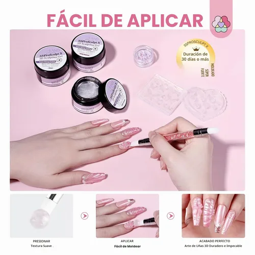 Vista 6 de SAVILAND Kit de gel de uñas Solid Builder: Aurora Silver Pink Clear 3D Sculpting Gel con moldes de silicona de flores de rosa y lápiz de tallado