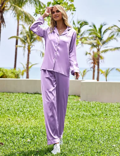 Vista 2 de Ekouaer Conjunto de pijama de satén largo clásico de verano para mujer