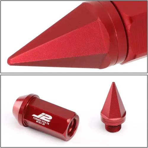 Vista 4 de J2 Engineering 7075-T6 Aluminio M12 x 1.25 20Pcs 2.953 in Alto Spiky Cap Lug Nut w/Adapter Rojo